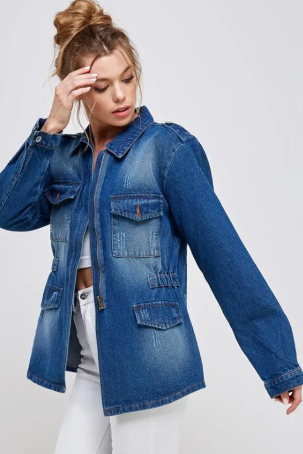 Women's Half Zipper Distressed Denim Jacket Product Image