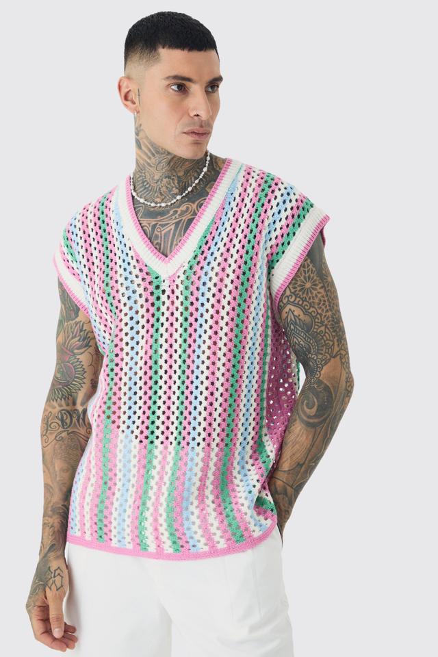 Tall Oversized Open Stitch Crochet Knitted Tank | boohooMAN USA Product Image