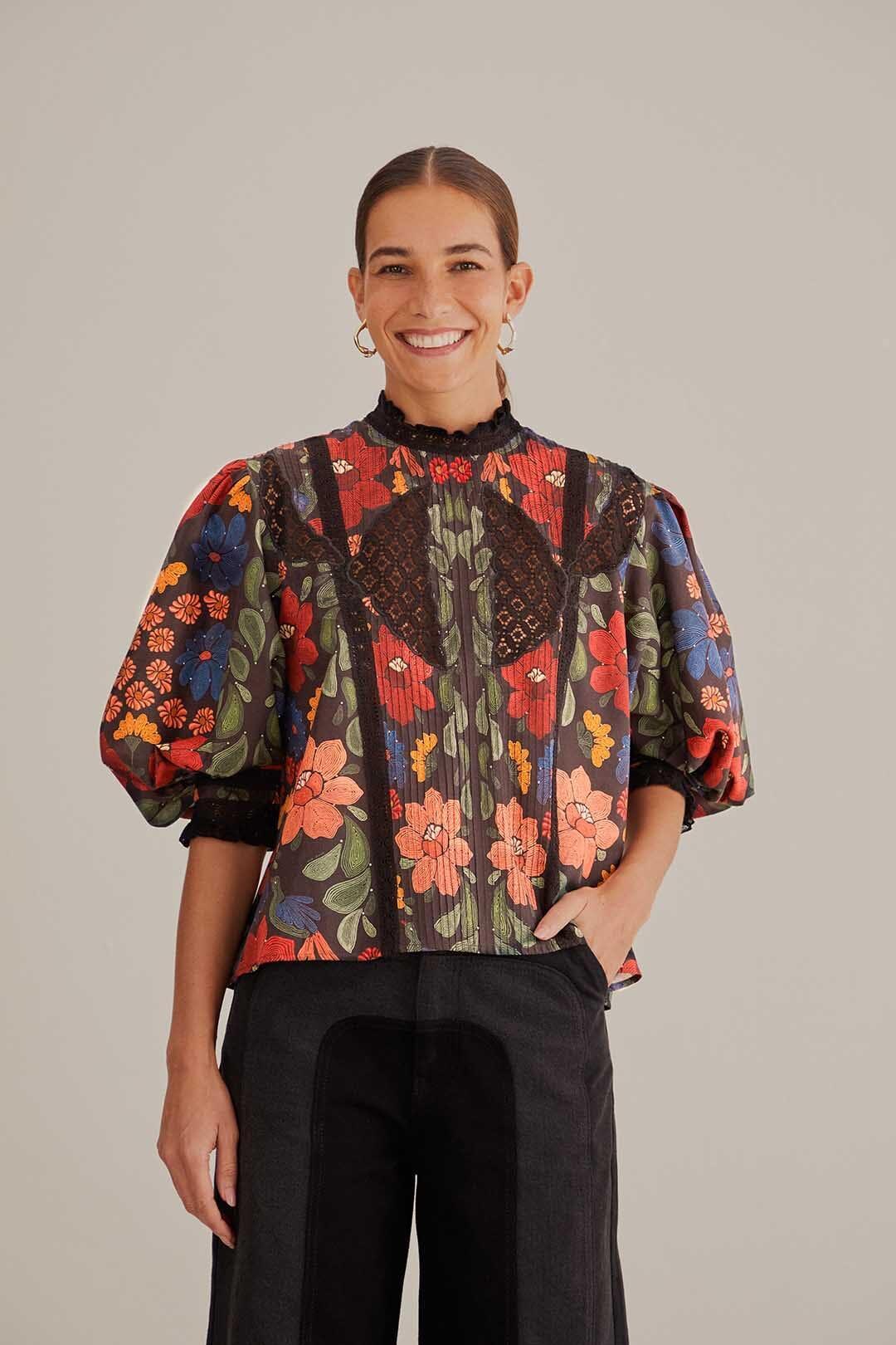 Black Stitched Flowers Short Sleeve Blouse, STITCHED GARDEN BLACK / XXS Product Image