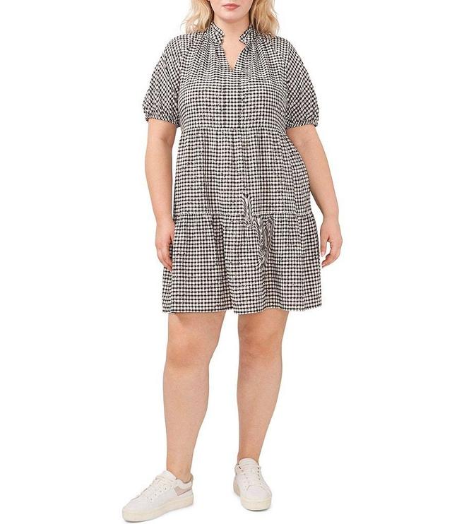 CeCe Plus Size V-Neck Short Puff Sleeve Gingham Mini Babydoll Tiered Dress Product Image