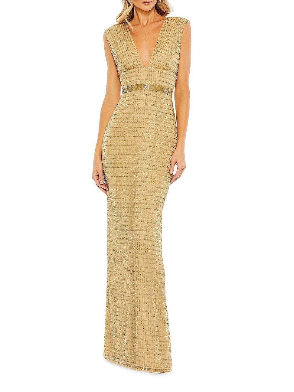 Womens Beaded V-Neck Column Gown Product Image