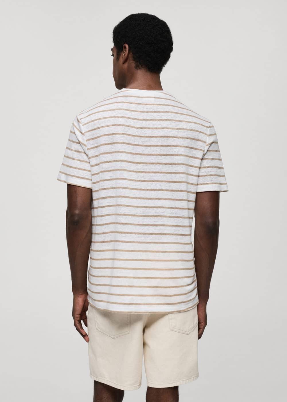 MANGO MAN - 100% linen striped t-shirt whiteMen Product Image