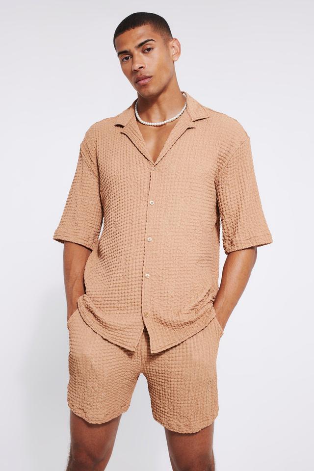 Short Sleeve Drop Revere Textured Shirt & Short Set | boohooMAN USA Product Image