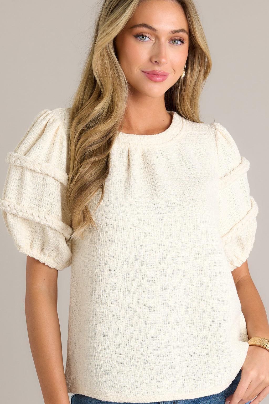 Eternal Favorite Ivory Tweed Puff Sleeve Top Product Image