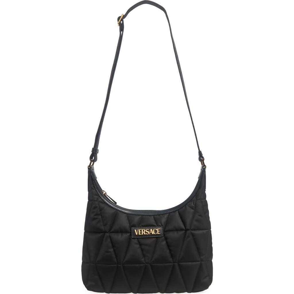 VERSACE Quilted Nylon Hobo Bag In Black- Gold Product Image