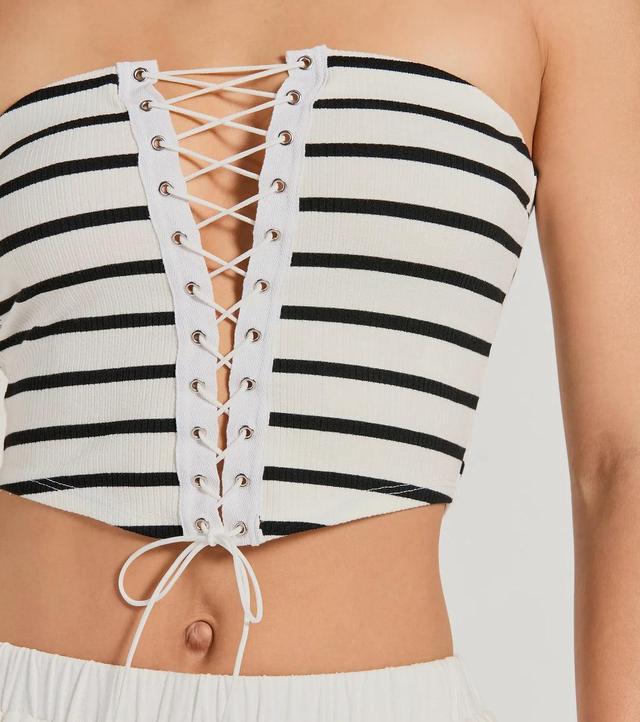 Bold Babe Strapless Lace-Up Striped Crop Top Product Image