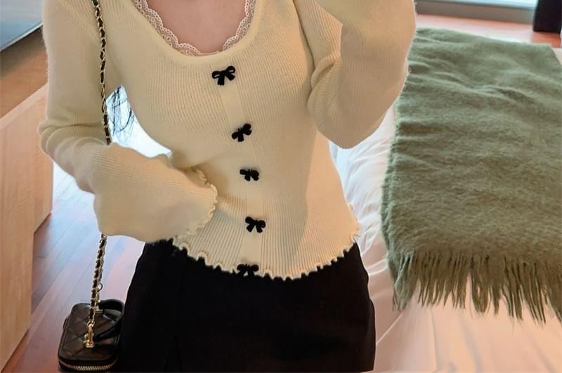 Long-Sleeve Scoop Neck Bow Lettuce Edge Knit Top Product Image