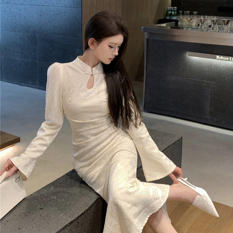 Long-Sleeve Jacquard Midi Mermaid Qipao / Knit Slip Dress Product Image