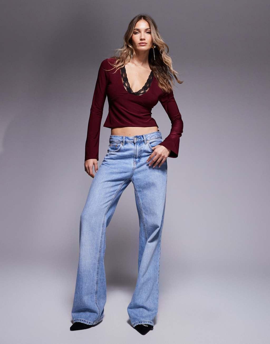 ASOS DESIGN slinky plunge contrast lace trim v neck top with flared sleeves in burgundy Product Image