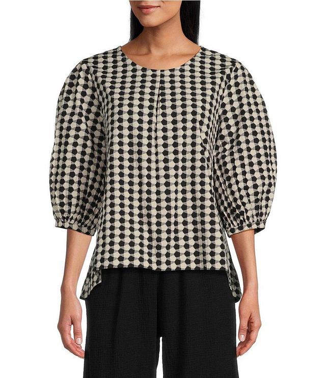 Bryn Walker Lucinda Organic Cotton Poplin Checkered Print Crew Neck 3/4 Sleeve Hi-Low Hem Shirt Product Image