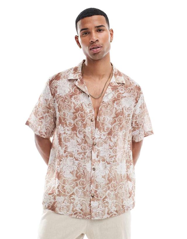 ASOS DESIGN relaxed camp collar shirt with baroque floral print in neutral  Product Image