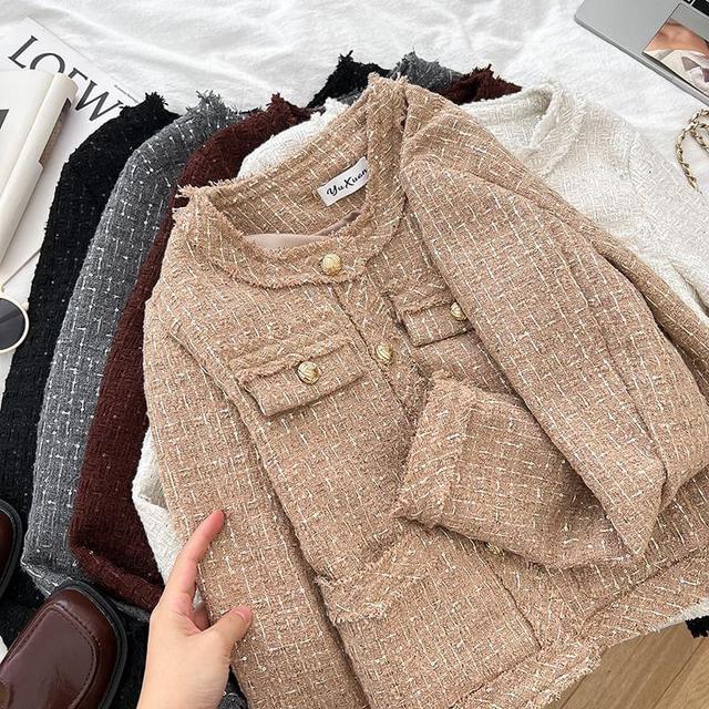 Crew Neck Button-Up Tweed Crop Jacket Product Image