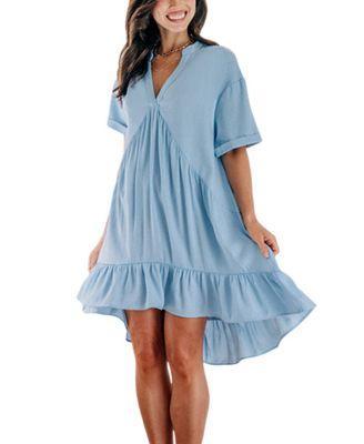 Women's Light Blue Drop Shoulder Flounce Hem Mini Beach Dress Product Image