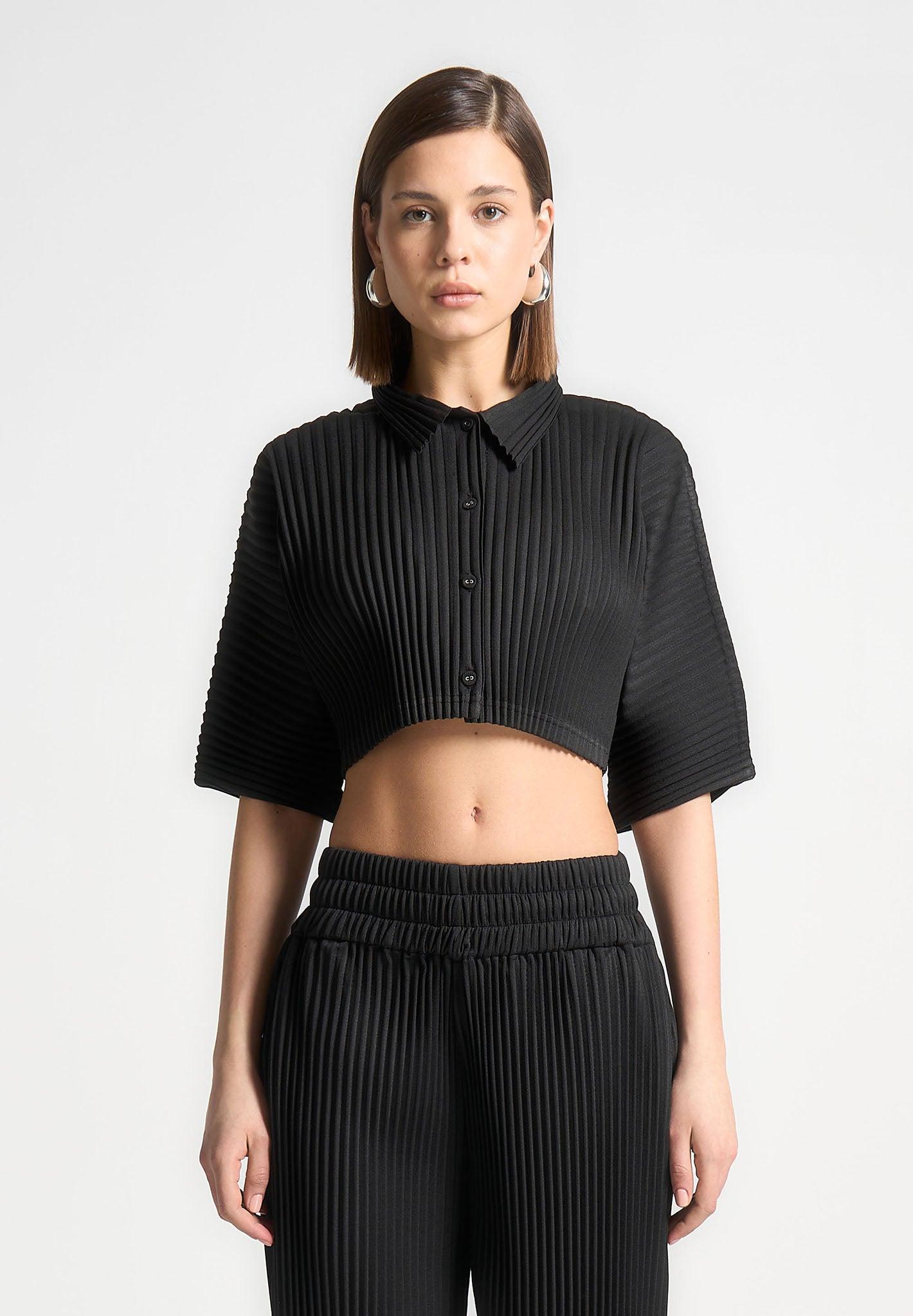 Pleated Cropped Shirt - Black Female Product Image