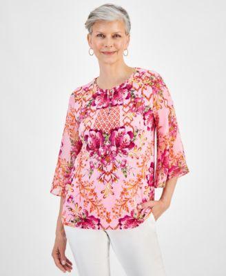 Jm Collection Womens Button-Trim Printed 3/4-Sleeve Top, Created for Macys Product Image