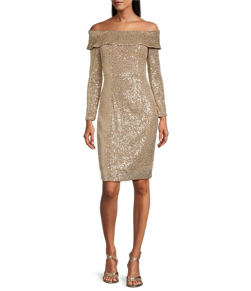 Alex Evenings Long Sleeve Off-the-Shoulder Sequin Sheath Dress Product Image