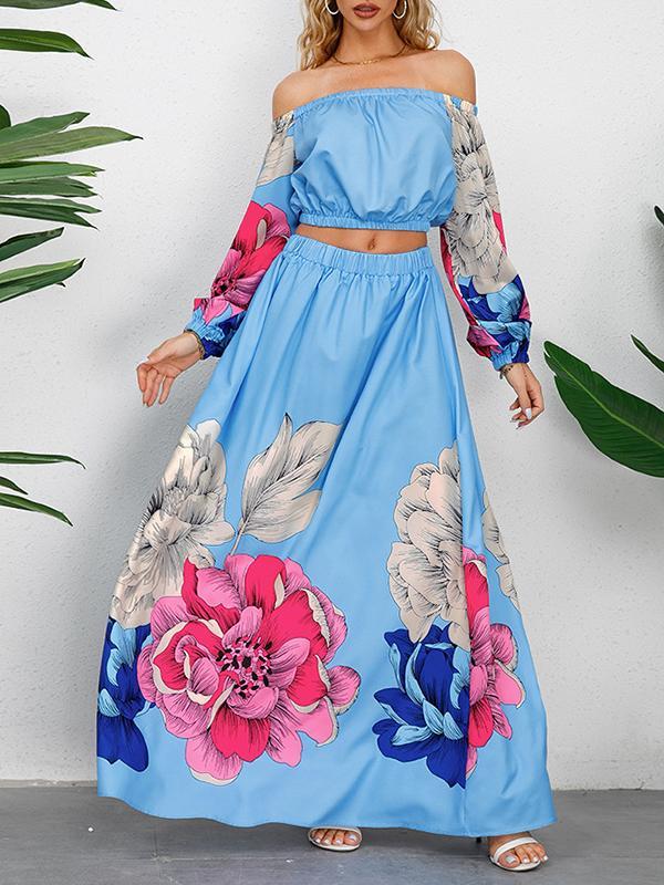 A-Line Elasticity Flower Print Pleated Off-The-Shoulder Shirts Top + High Waisted Skirts Bottom Two Pieces Set Product Image