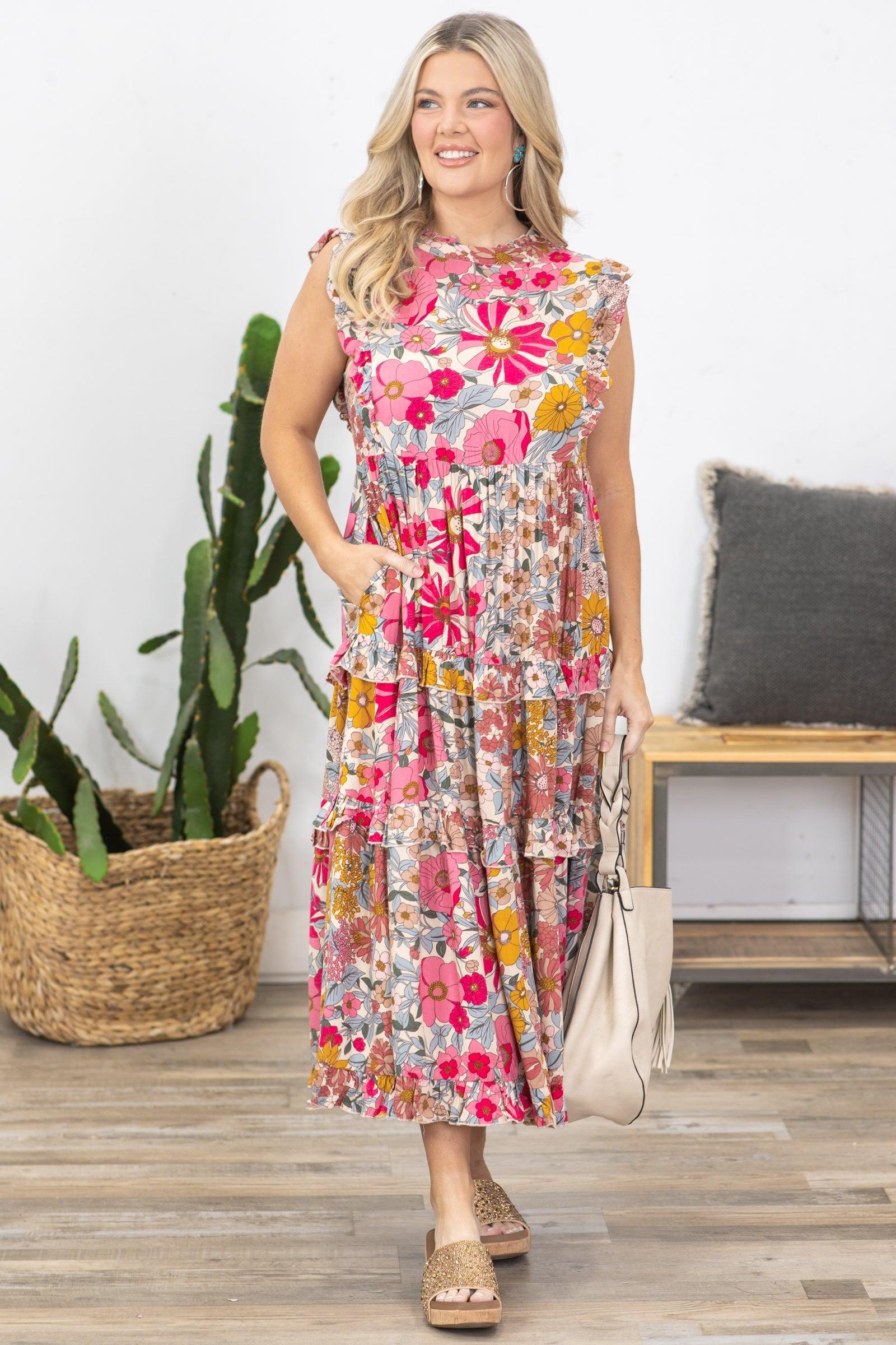 Pink Floral Print Ruffle Maxi Dress Product Image