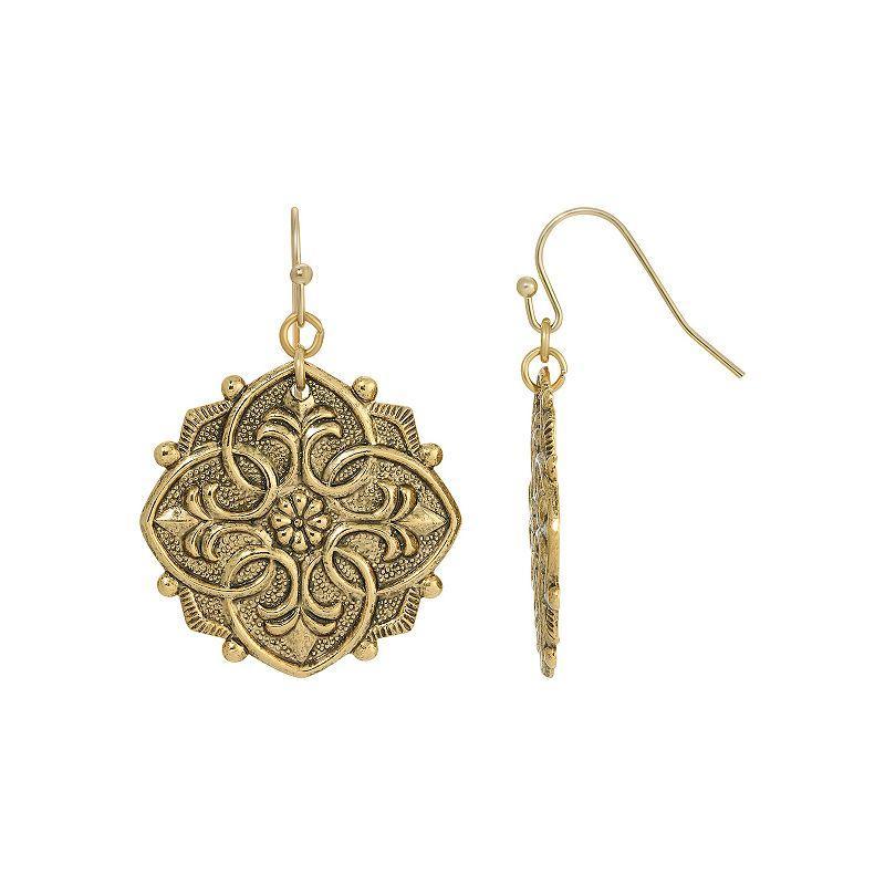 1928 Gold Tone Textured Flower Medallion Drop Earrings, Womens, Yellow Product Image