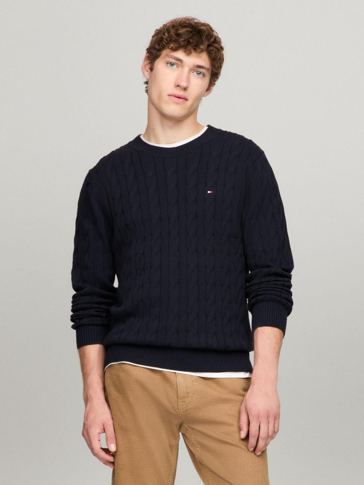 Mens Tommy Hilfiger Cable Crewneck Sweater Gray Grey Product Image