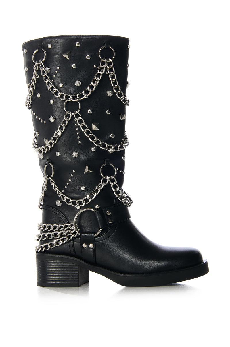 AZALEA WANG FILLMORE BLACK EMBELLISHED HARDWARE FLAT BOOTIE Product Image