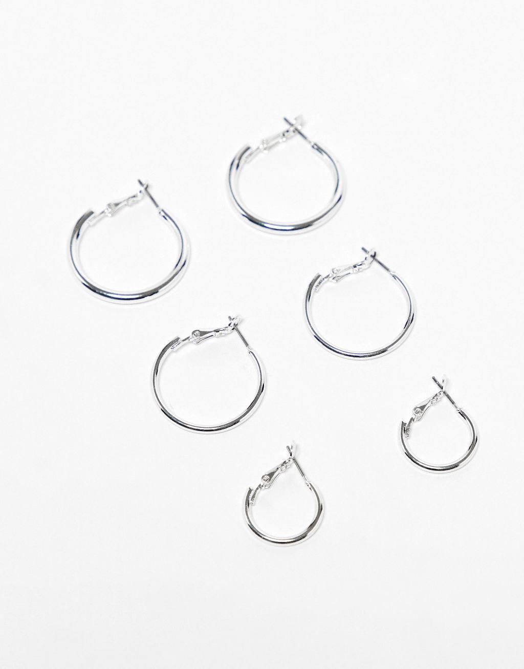 Monki 3 pack hoop earrings in silver Product Image