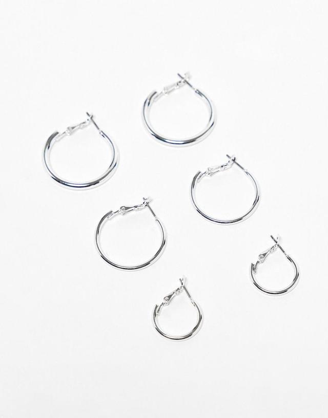 Monki 3 pack hoop earrings in silver Product Image