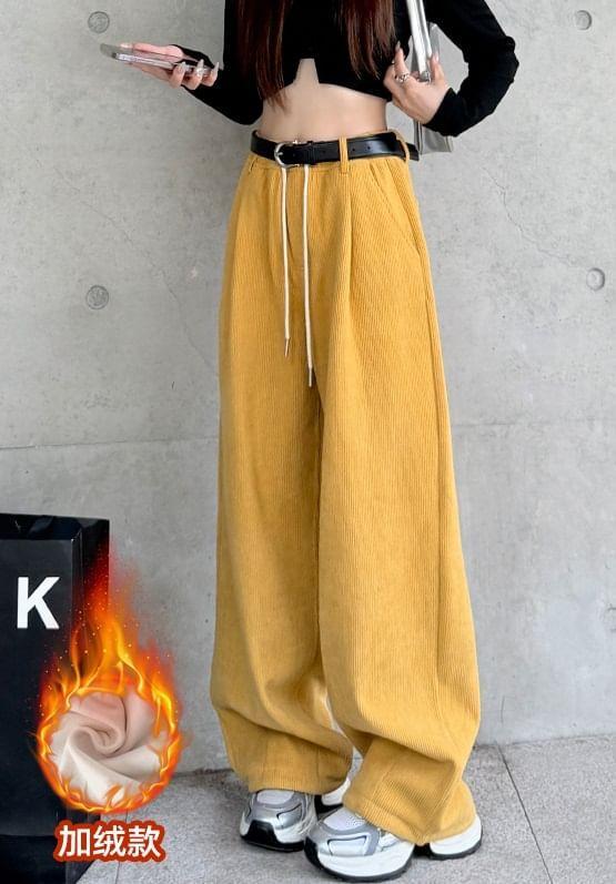 Drawstring Waist Plain Corduroy Wide Leg Pants Product Image