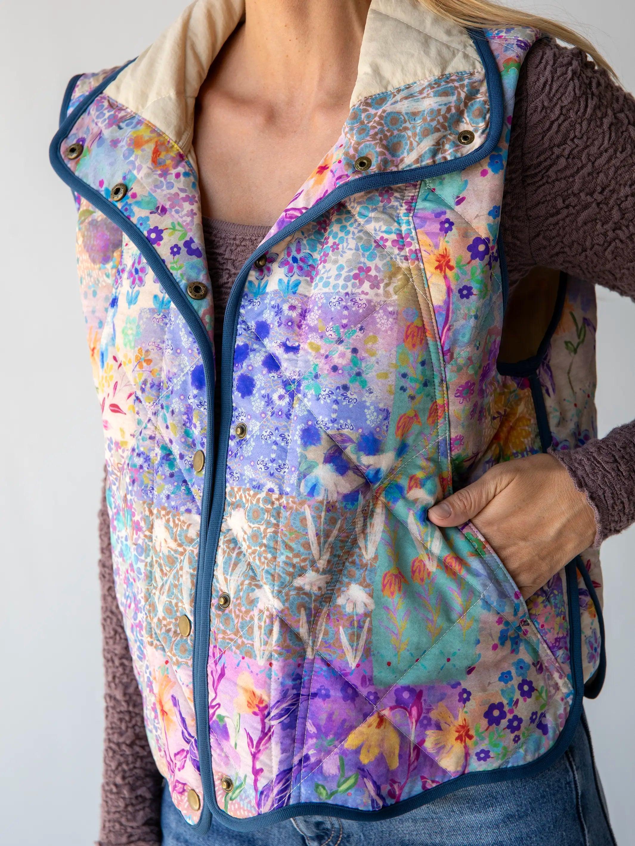 Quilted Puffer Vest - Blue Watercolor Patchwork Product Image