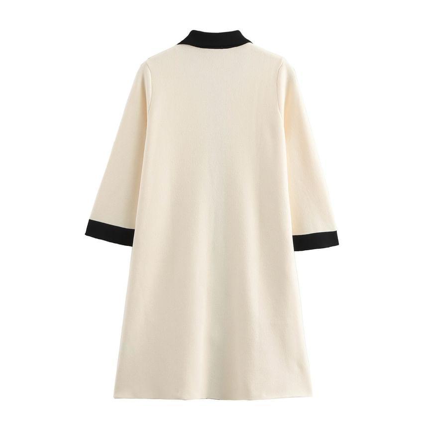 Long-Sleeve Contrast Collar Button-Up Mini Knit Dress Product Image