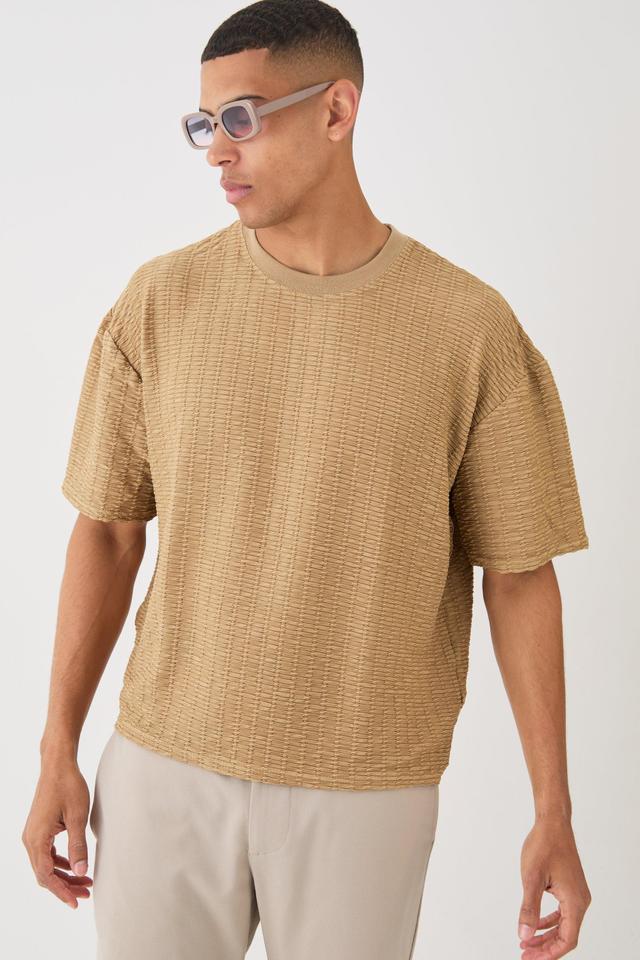 Mens Brown Oversized Boxy Pleated Texture T-shirt, Brown Product Image