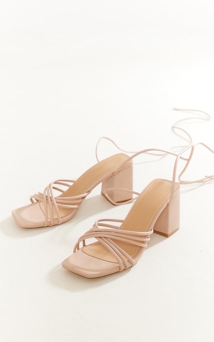 Nude Pu Square Multi Criss Cross Strap Block Heeled Tie Up Sandals Product Image