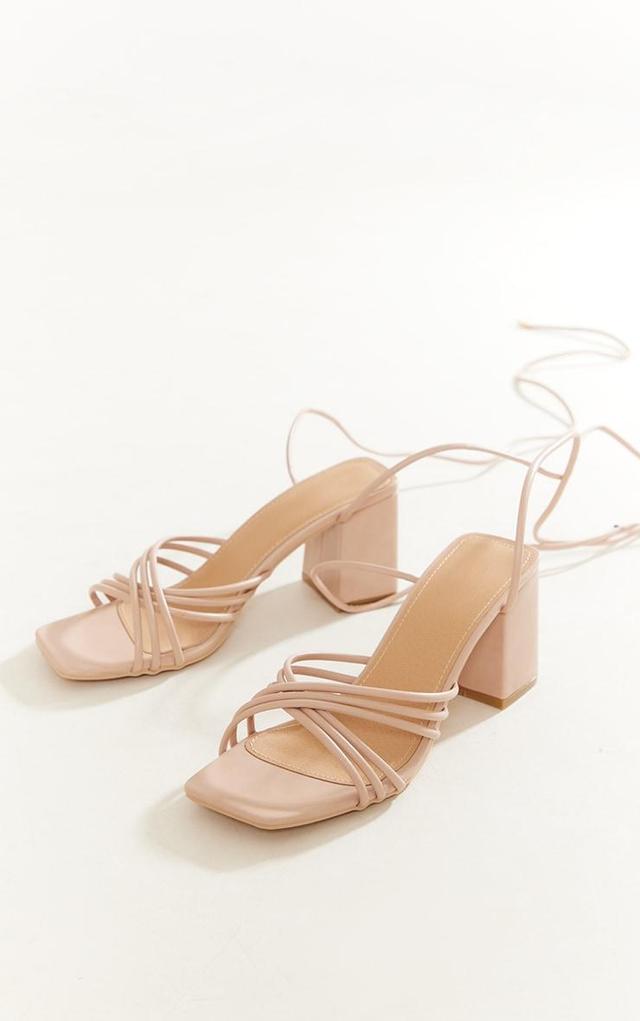 Nude Pu Square Multi Criss Cross Strap Block Heeled Tie Up Sandals Product Image