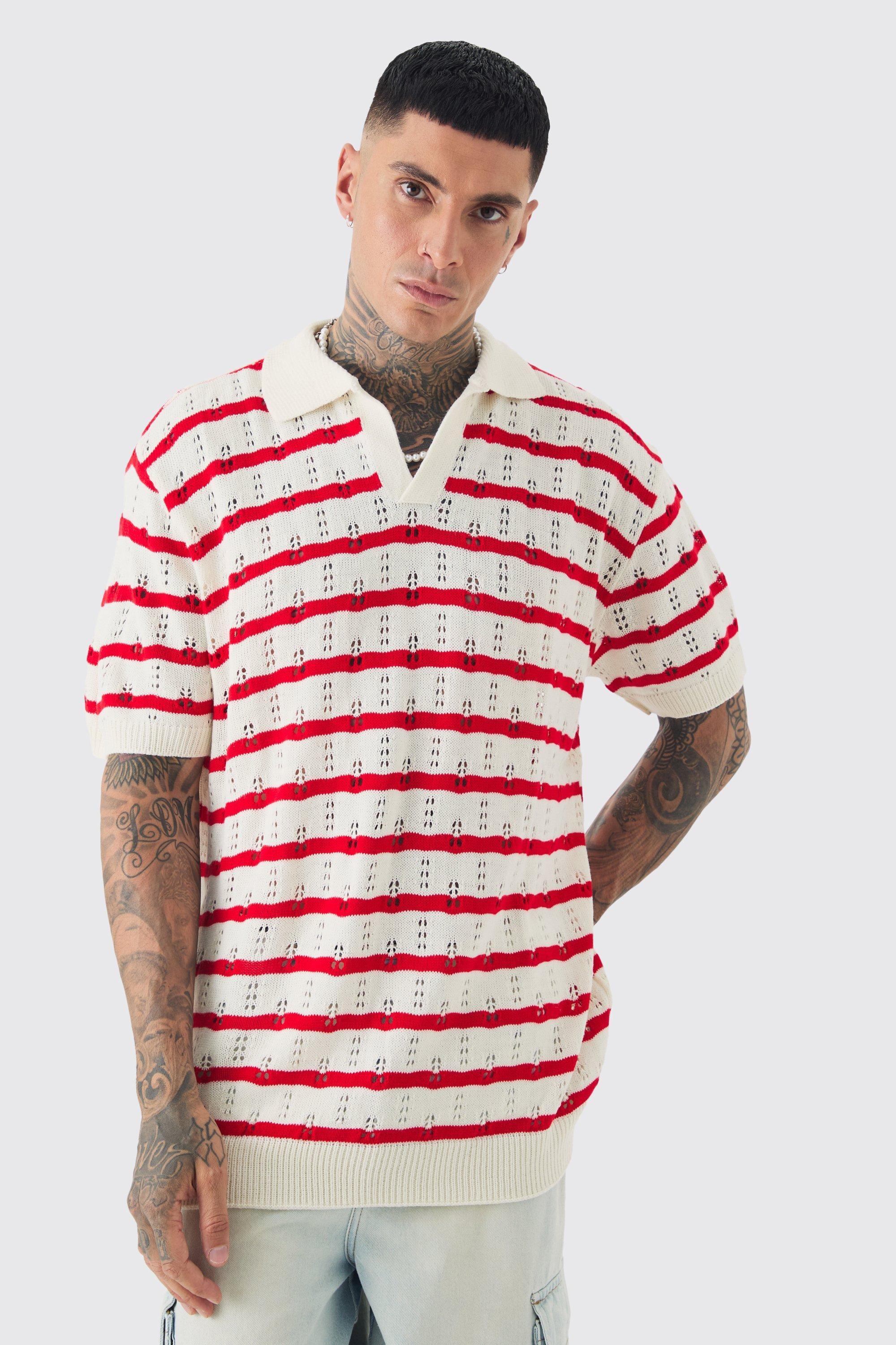 Mens Tall Short Sleeve Oversized Crochet Knit Stripe Polo In Red, Red Product Image