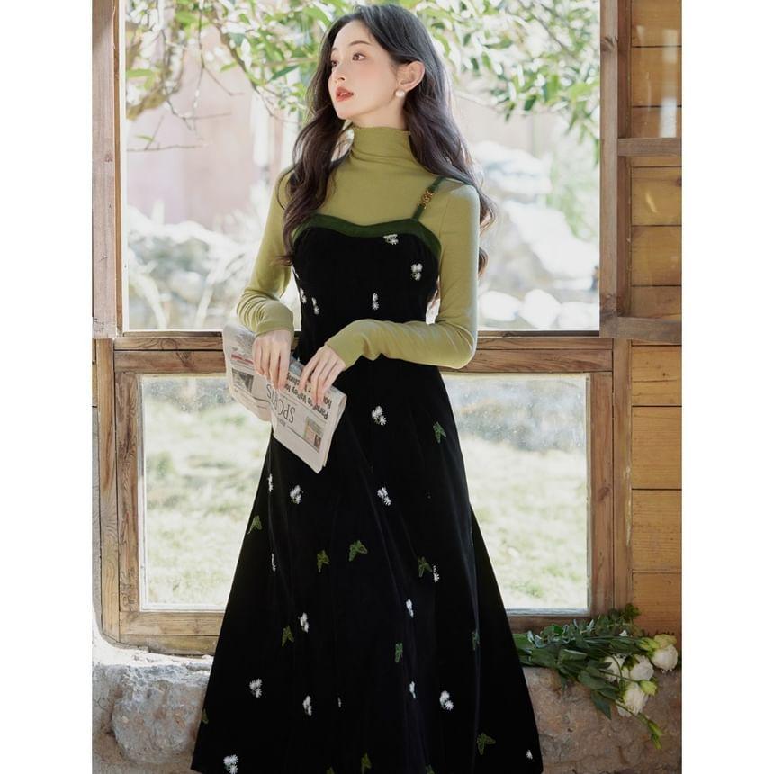 Long-Sleeve Turtleneck Plain Knit Top / Spaghetti Strap Butterfly Embroidered Velvet Midi A-Line Dress / Set Product Image