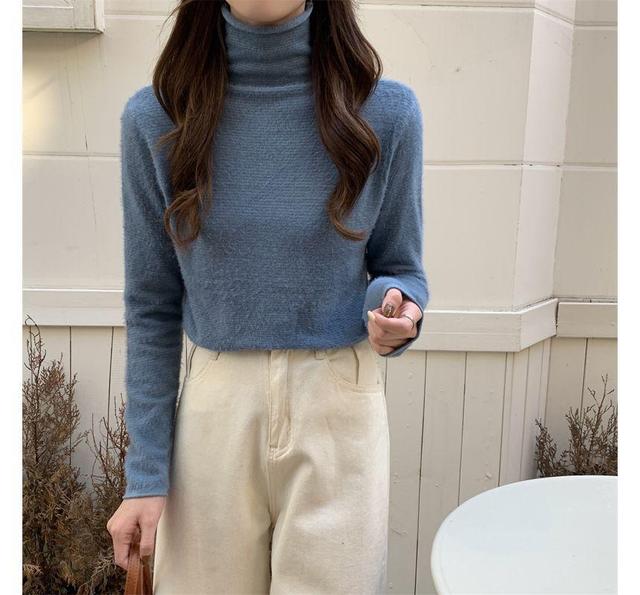 Turtleneck Plain Fluffy Sweater Product Image