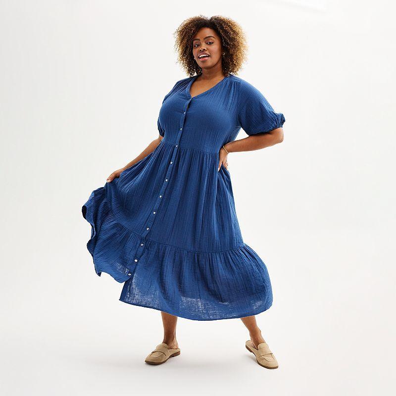 Plus Size Sonoma Goods For Life Button Thru Femme Midi Dress, Womens Mignight Blue Product Image