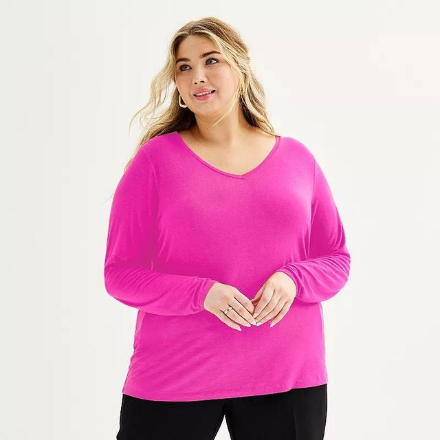 Plus Size Nine West Essential Soft Spun Long Sleeve V-Neck T-Shirt, Womens Gerbera Pink Product Image