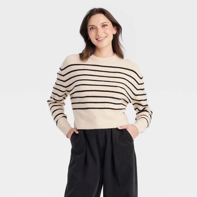 Women's Cozy Knit Crewneck Pullover Sweater - Universal Thread™ Black Striped M Product Image