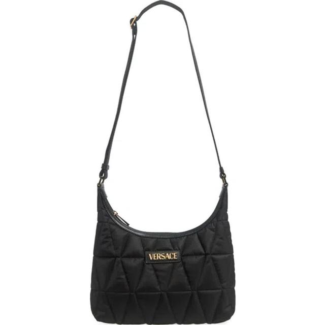 VERSACE Quilted Nylon Hobo Bag In Black- Gold Product Image