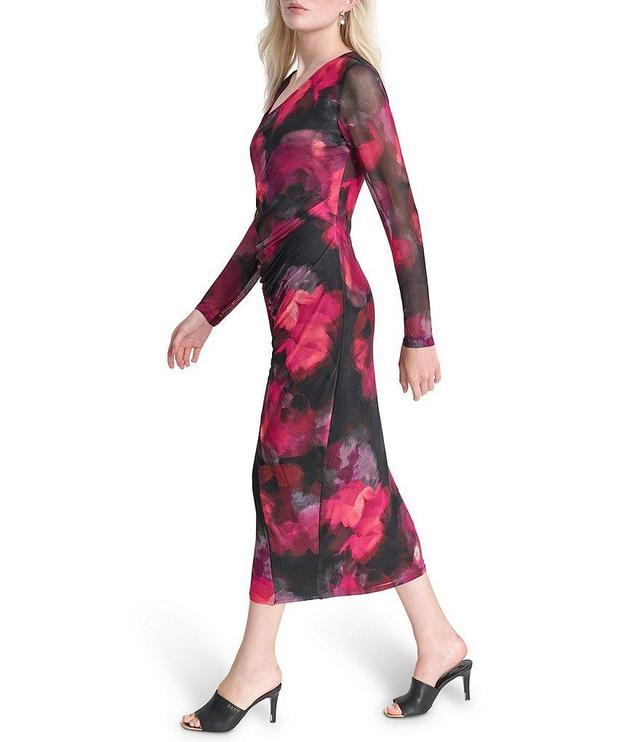 DKNY by Donna Karan Printed Knit Asymmetrical Neck Long Sleeves Cinched Sheath Dress Product Image