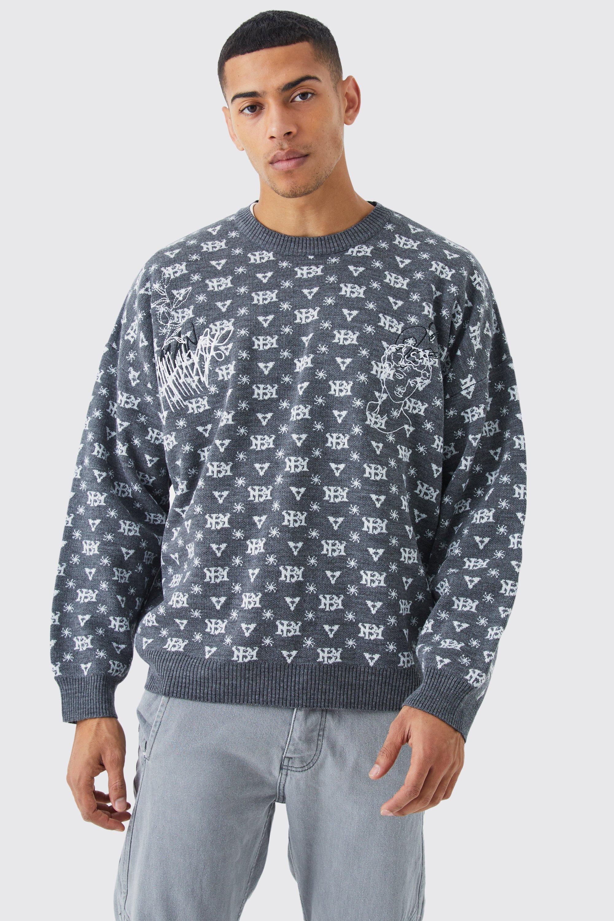 Oversized All Over Print Knit Sweater | boohooMAN USA Product Image