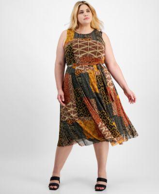 Plus Size Patchwork-Print Jersey Midi Dress Product Image