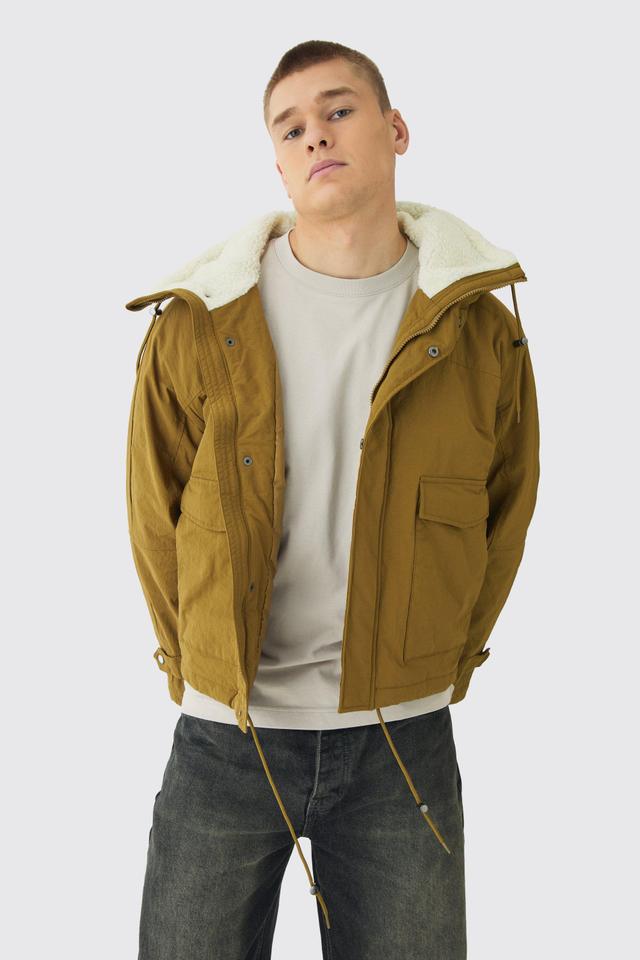 Borg Collar Parka In Khaki | boohooMAN USA Product Image