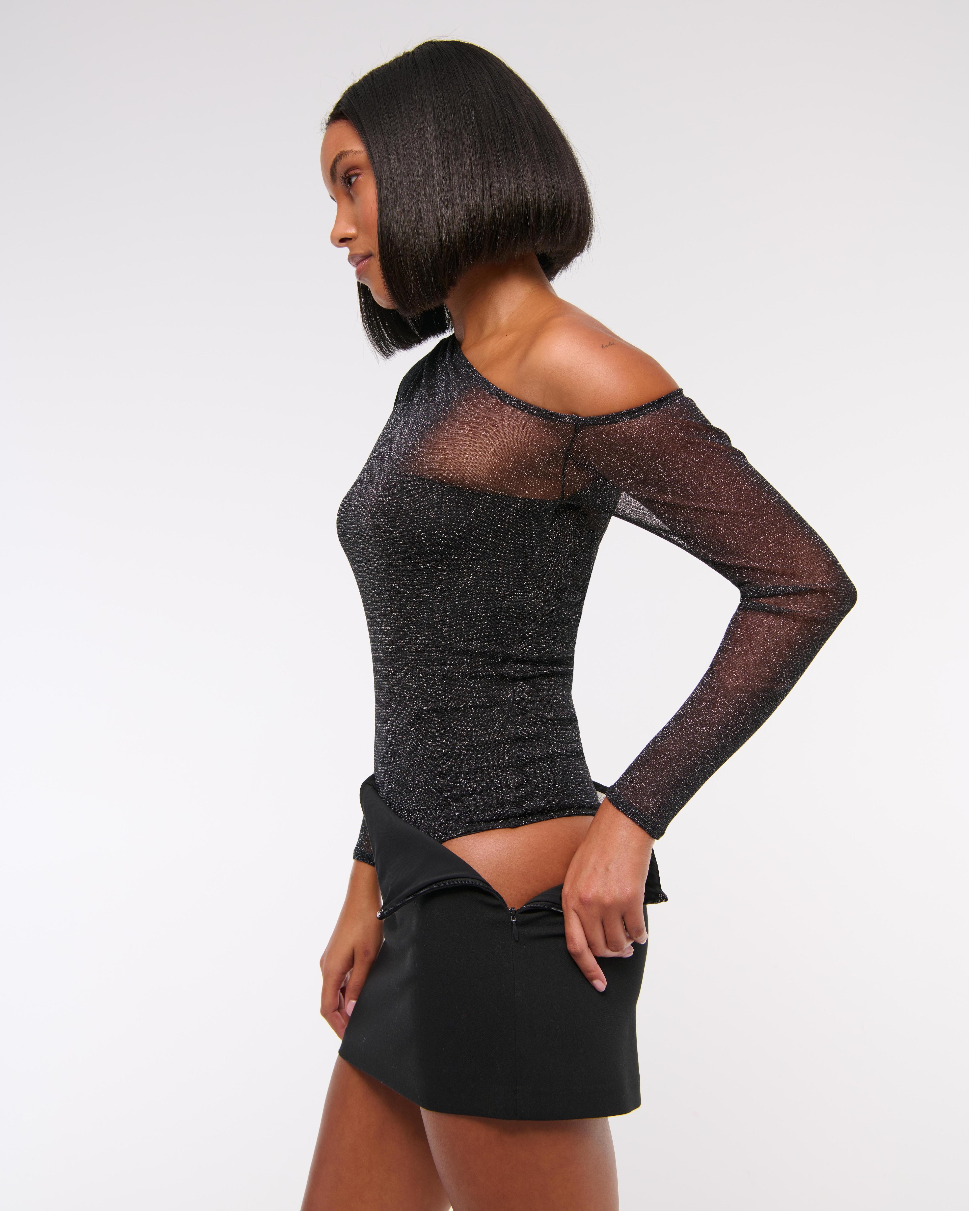 Long-Sleeve Asymmetrical Draped Mesh Bodysuit Product Image