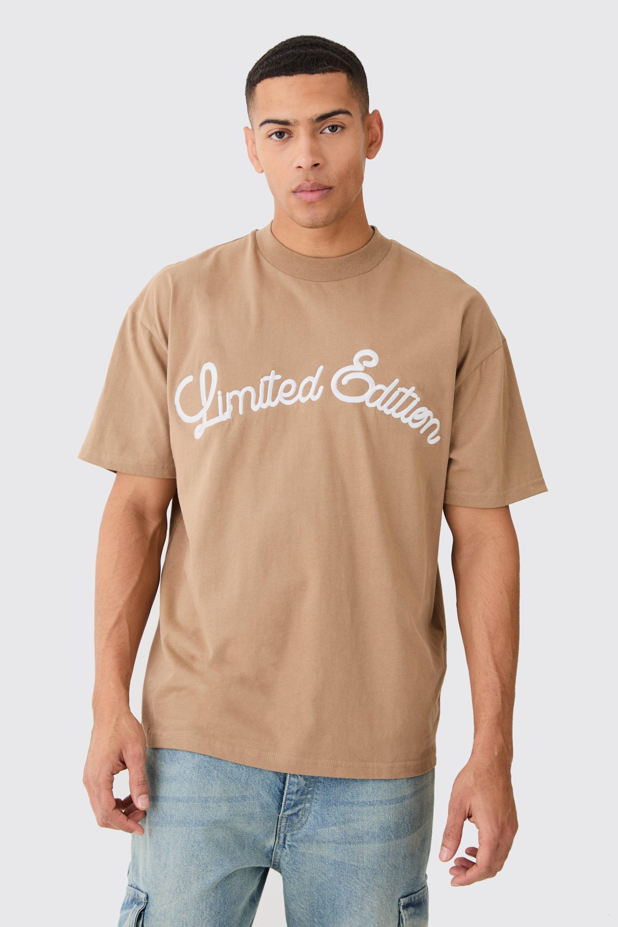 Mens Beige Oversized Heavyweight 3D Limited Embroidered T-Shirt, Beige Product Image