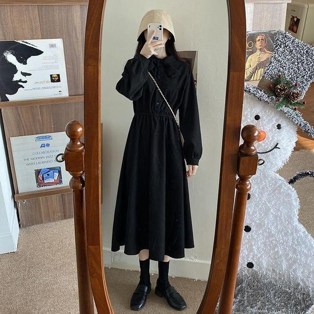 Long-Sleeve Stand Collar Plain Bow Accent Half-Buttoned Midi A-Line Dress Product Image