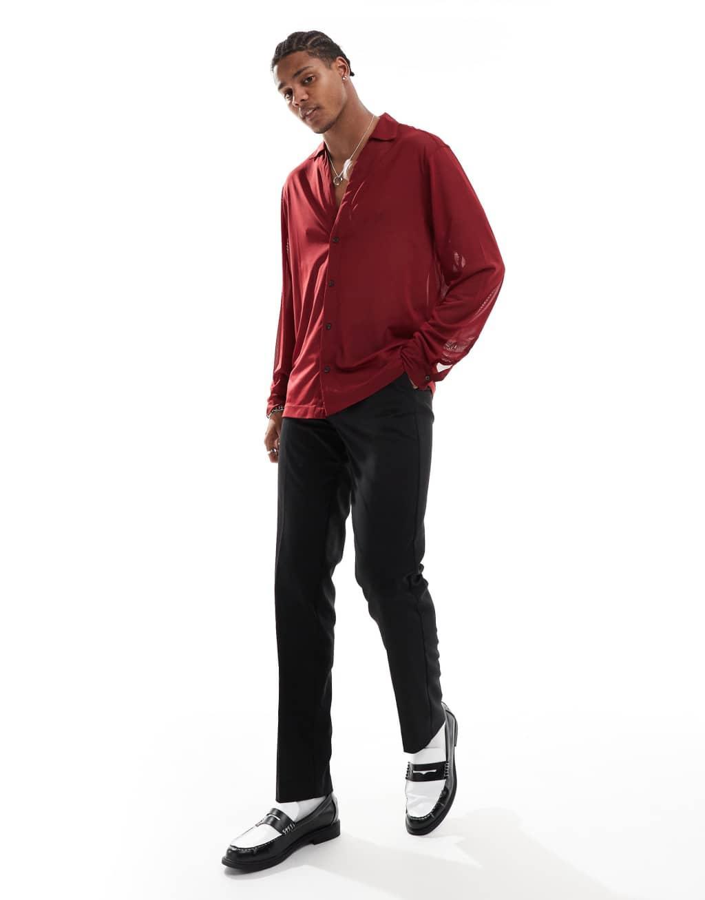 ASOS DESIGN boxy stretch sheer shirt with deep revere in burgundy  Product Image