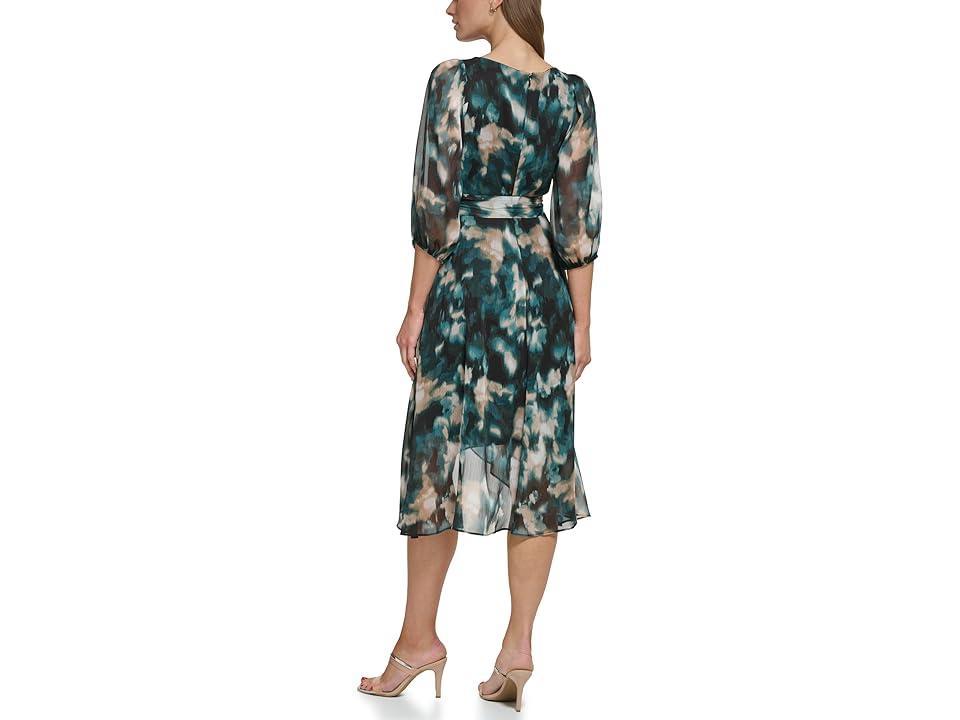 DKNY Balloon Sleeve Faux Wrap (Pine Multi) Women's Dress Product Image