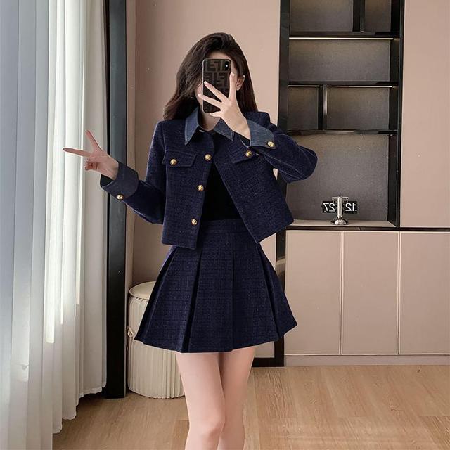 Set: Denim Collar Tweed Button-Up Jacket + High Waist Pleated Mini A-Line Skirt Product Image